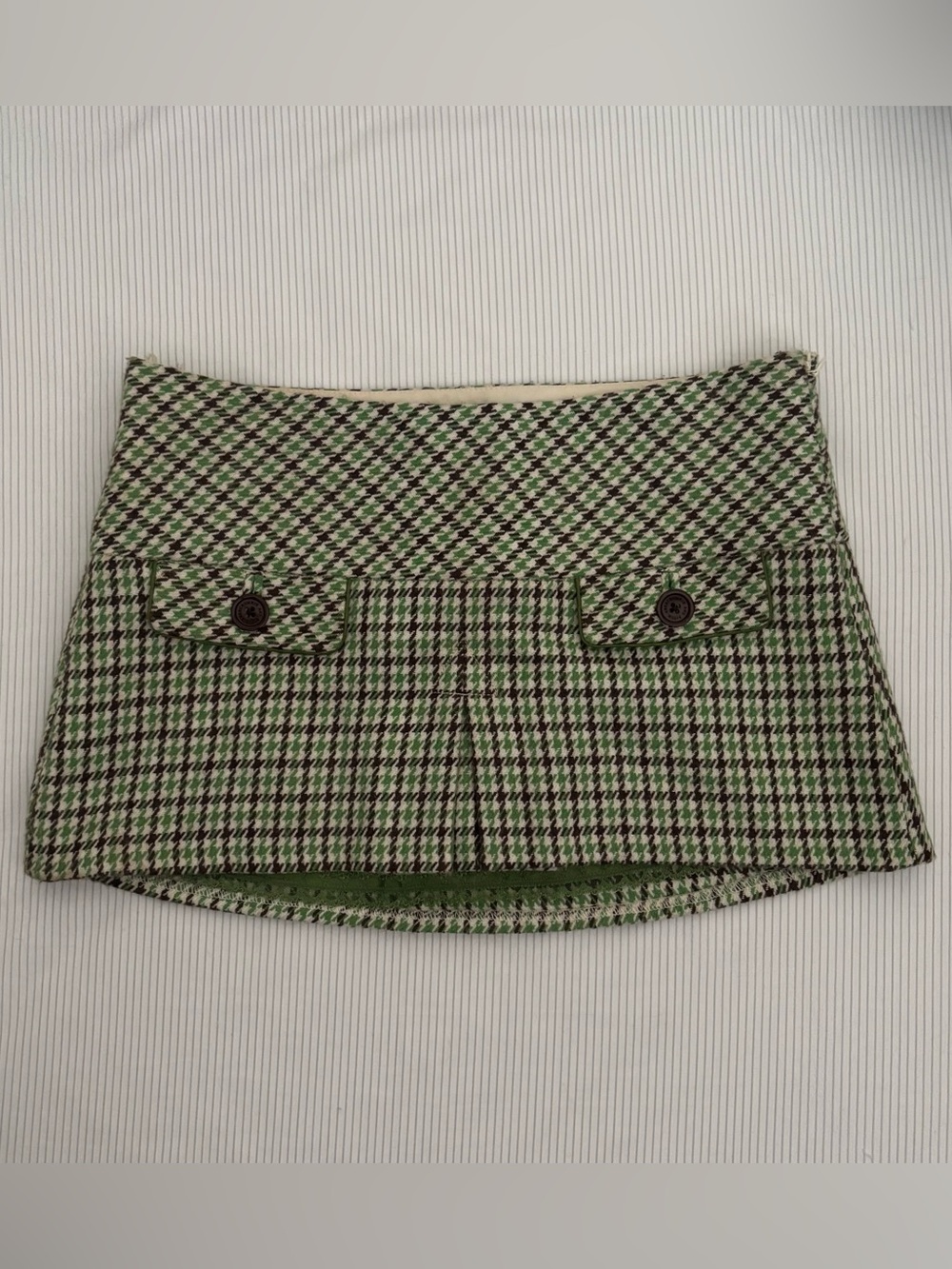 Abercrombie & Fitch Green White Wool Houndstooth Y2K Schoolgirl Mini Skirt Sz 2